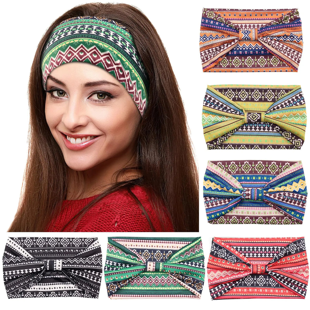A woman models colorful boho cotton turban headbands for workout and yoga
