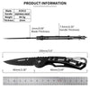 A folding stainless steel survival knife with a blade and handle shown alongside a ruler for scale.