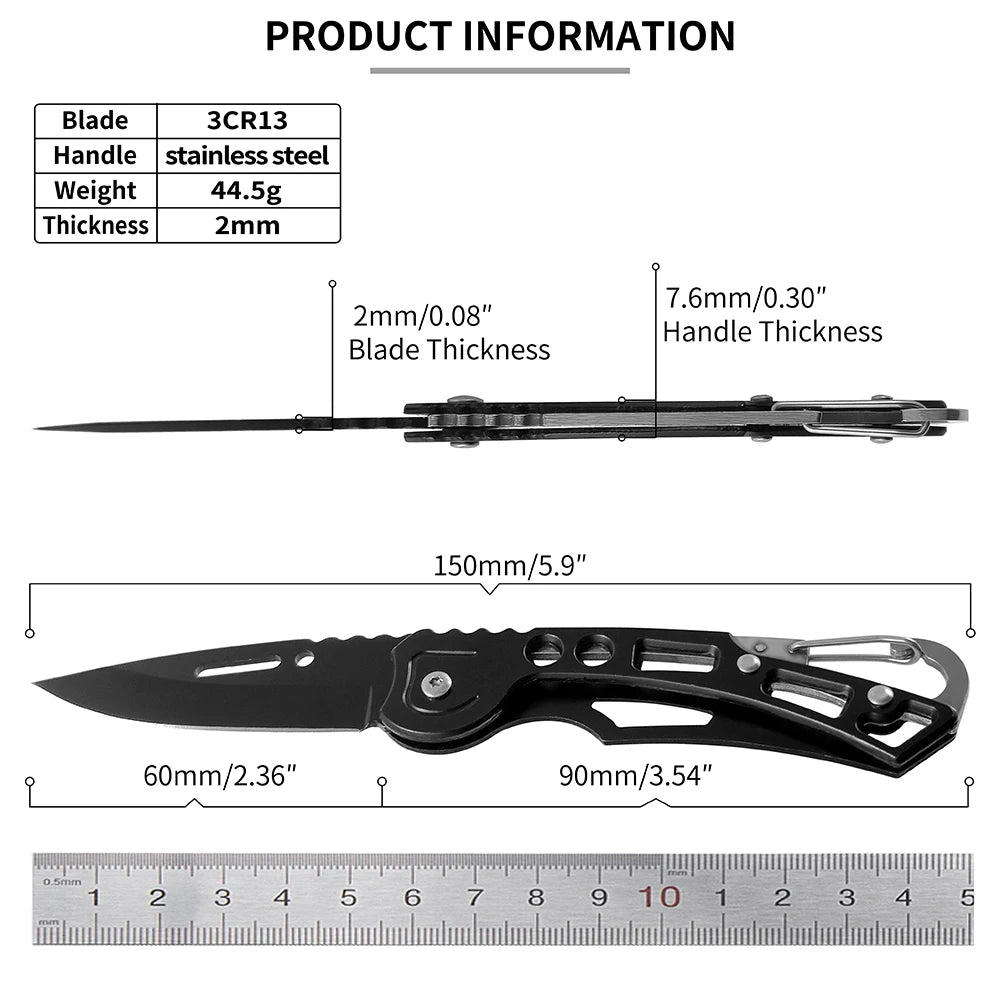 A folding stainless steel survival knife with a blade and handle shown alongside a ruler for scale.