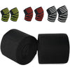 A set of black and yellow striped knee wraps and a black elastic bandage rolled up.