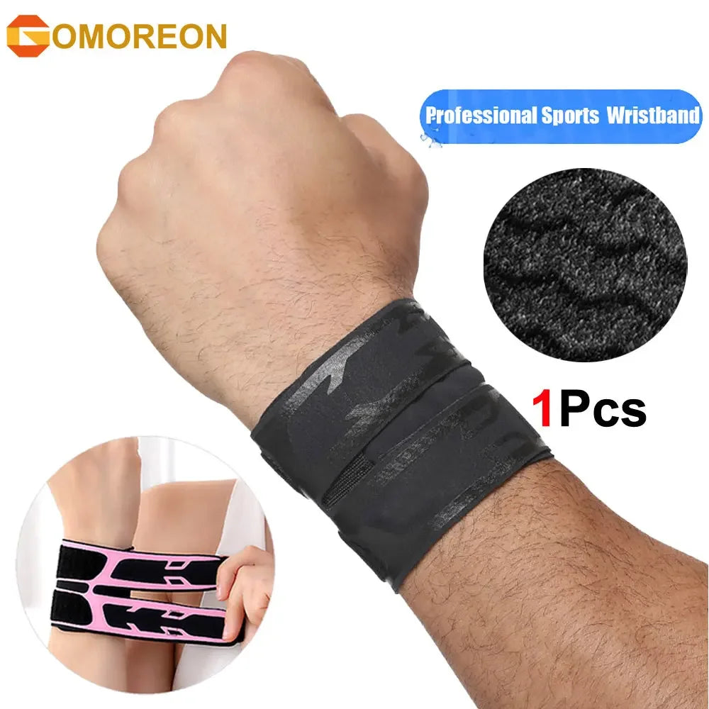 A hand is wearing a black wrist support brace for sports and daily use, with an inset showing a pink and black silicone band.