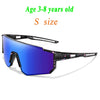 A pair of purple and black patterned UV protection baseball sunglasses for children.