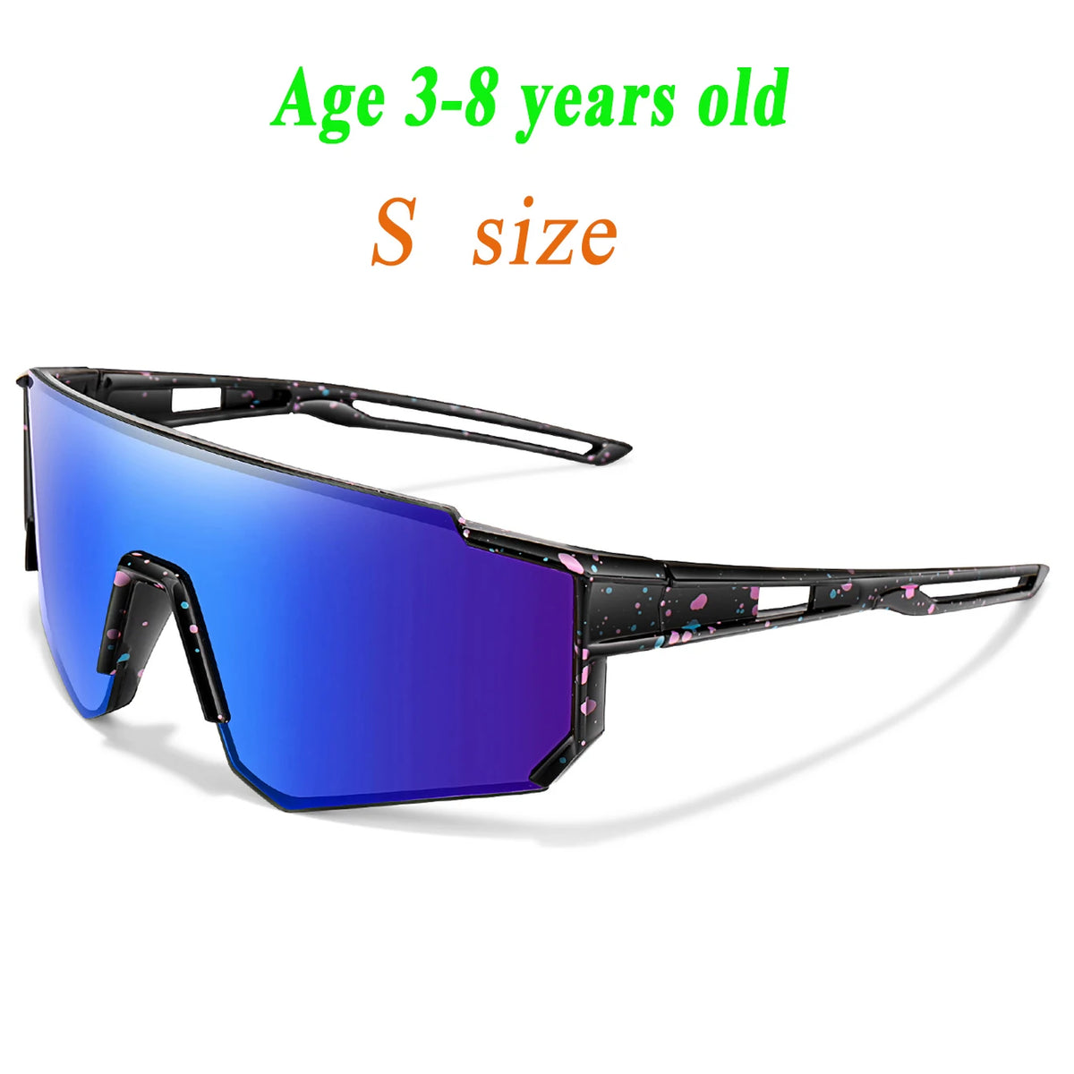 A pair of purple and black patterned UV protection baseball sunglasses for children.