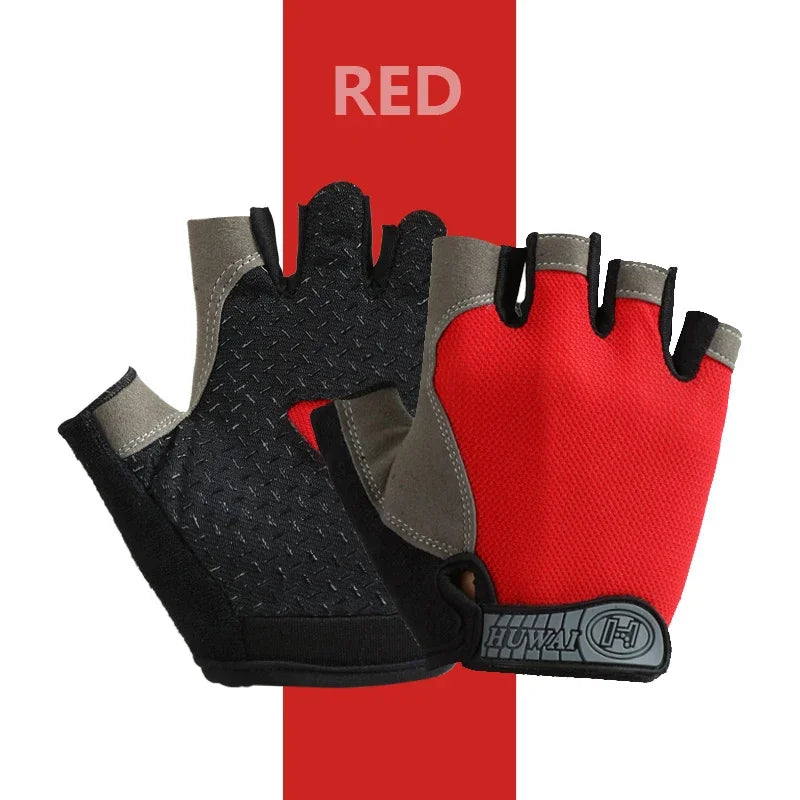 A pair of red and black breathable half-finger sport gloves shown against a red background.
