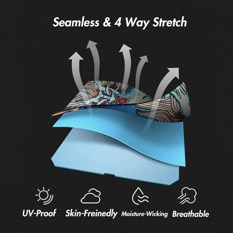 Blue and orange seamless 4 way stretch arm sleeves shown with features like UV-proof and breathable.
