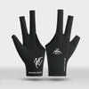 A pair of black Mount Zion breathable billiard playing gloves shown against a light gray background.