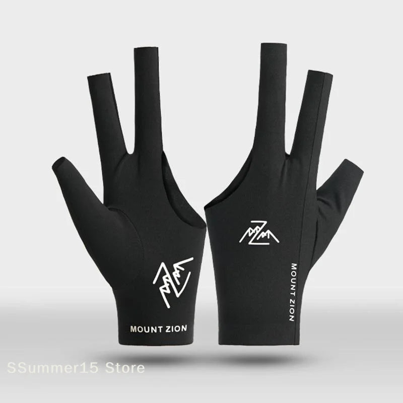 A pair of black Mount Zion breathable billiard playing gloves shown against a light gray background.