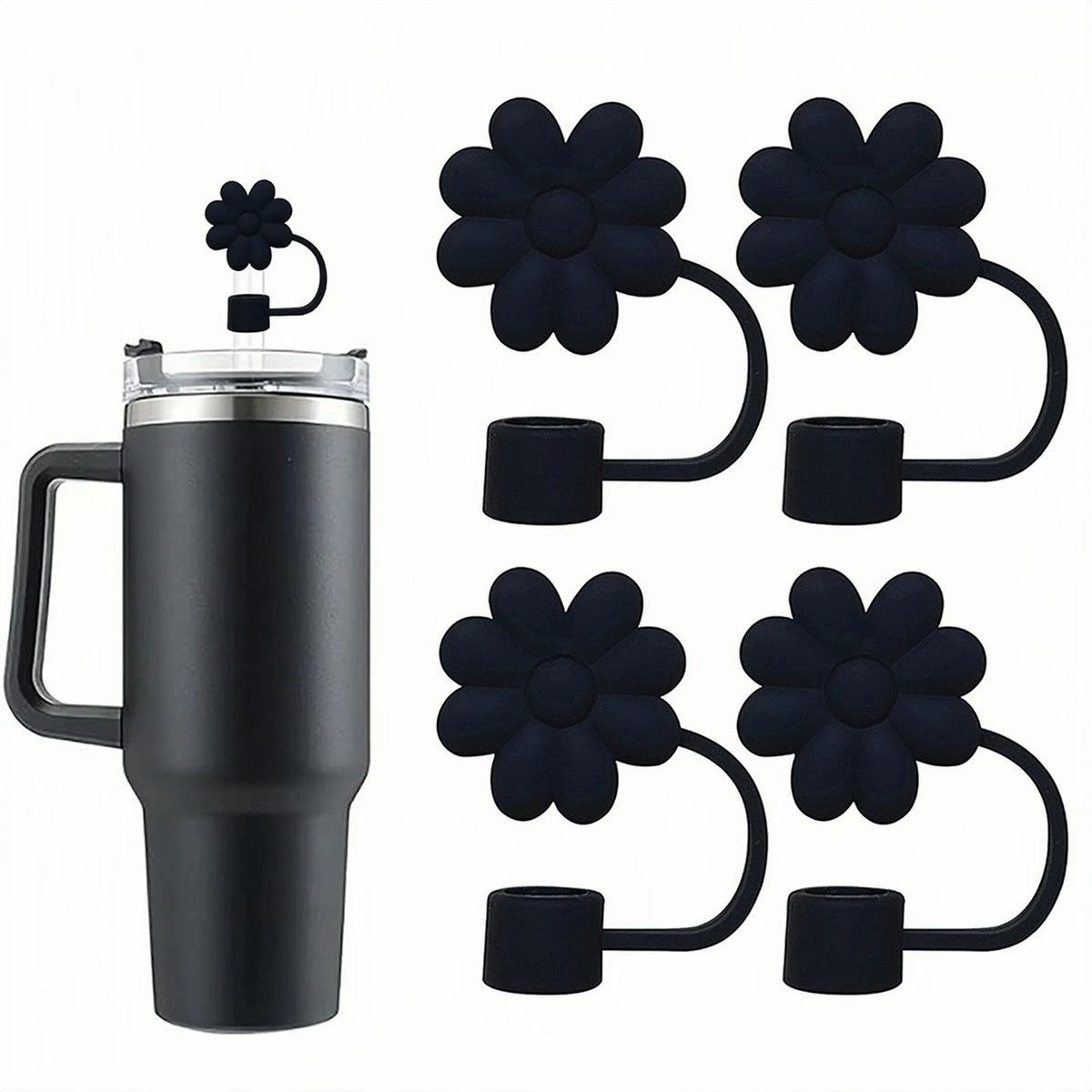 Black silicone straw covers for tumblers and water bottles shown next to a stainless steel tumbler.