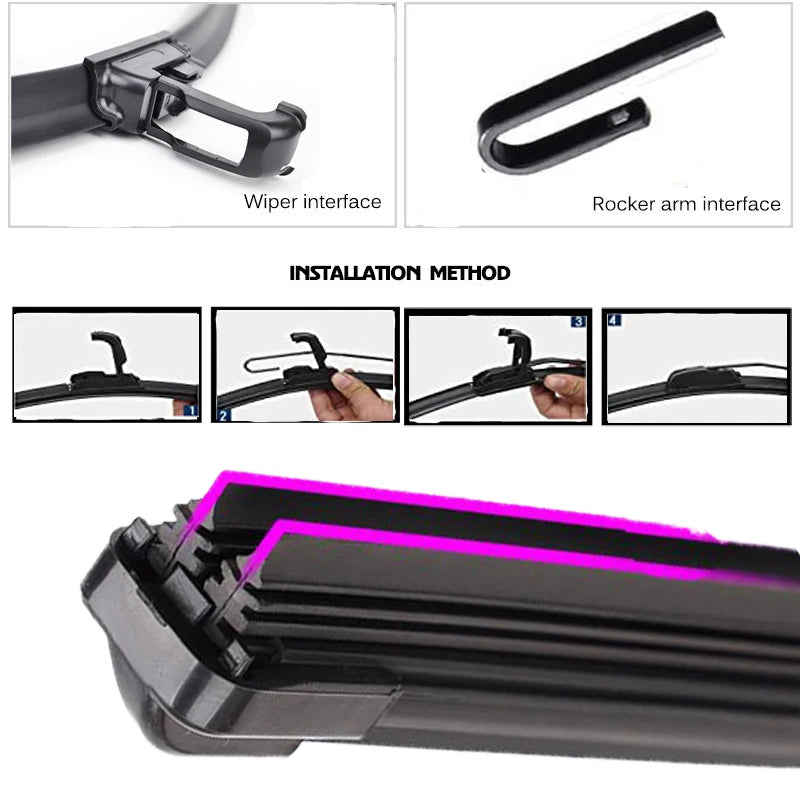 Installation method showing the fitting of wiper arm interfaces onto a car windshield.