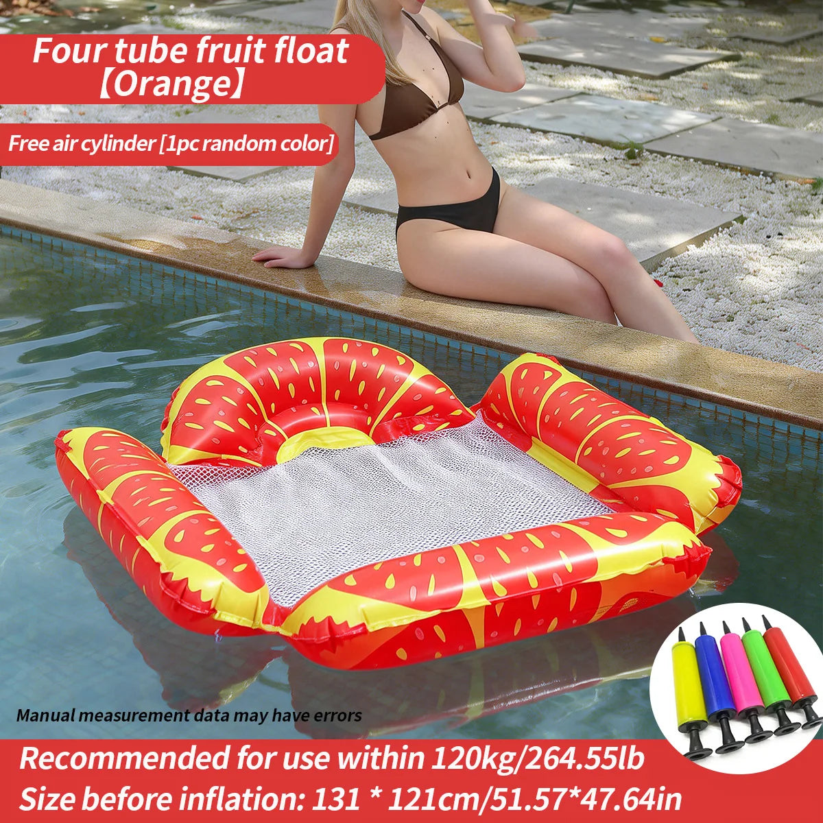 Orange inflatable fruit float lounger with a mesh surface floating in water