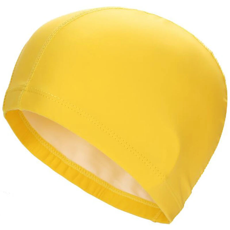 A bright yellow unisex waterproof swim cap shown from the side.