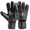 A pair of black leather goalkeeper gloves with textured palms and wrist straps.
