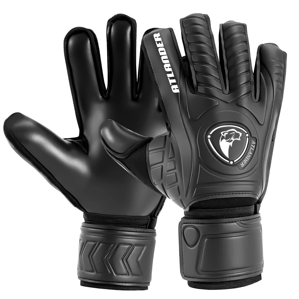 A pair of black leather goalkeeper gloves with textured palms and wrist straps.
