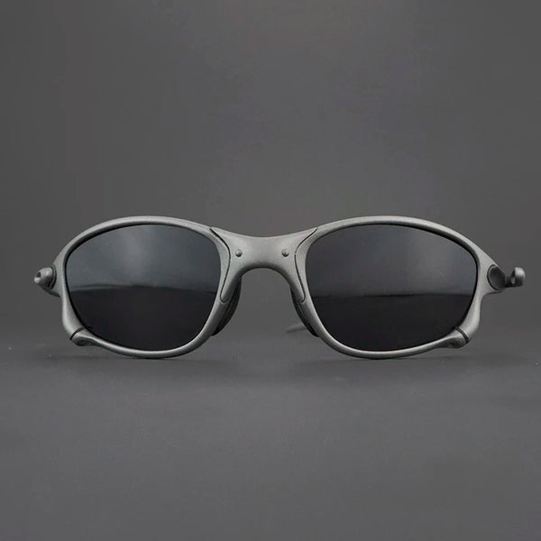 A pair of matte gray polarized cycling and outdoor sunglasses viewed from the front.