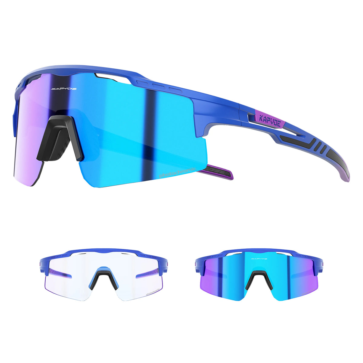 A pair of purple and blue photochromic cycling sunglasses shown in various views.