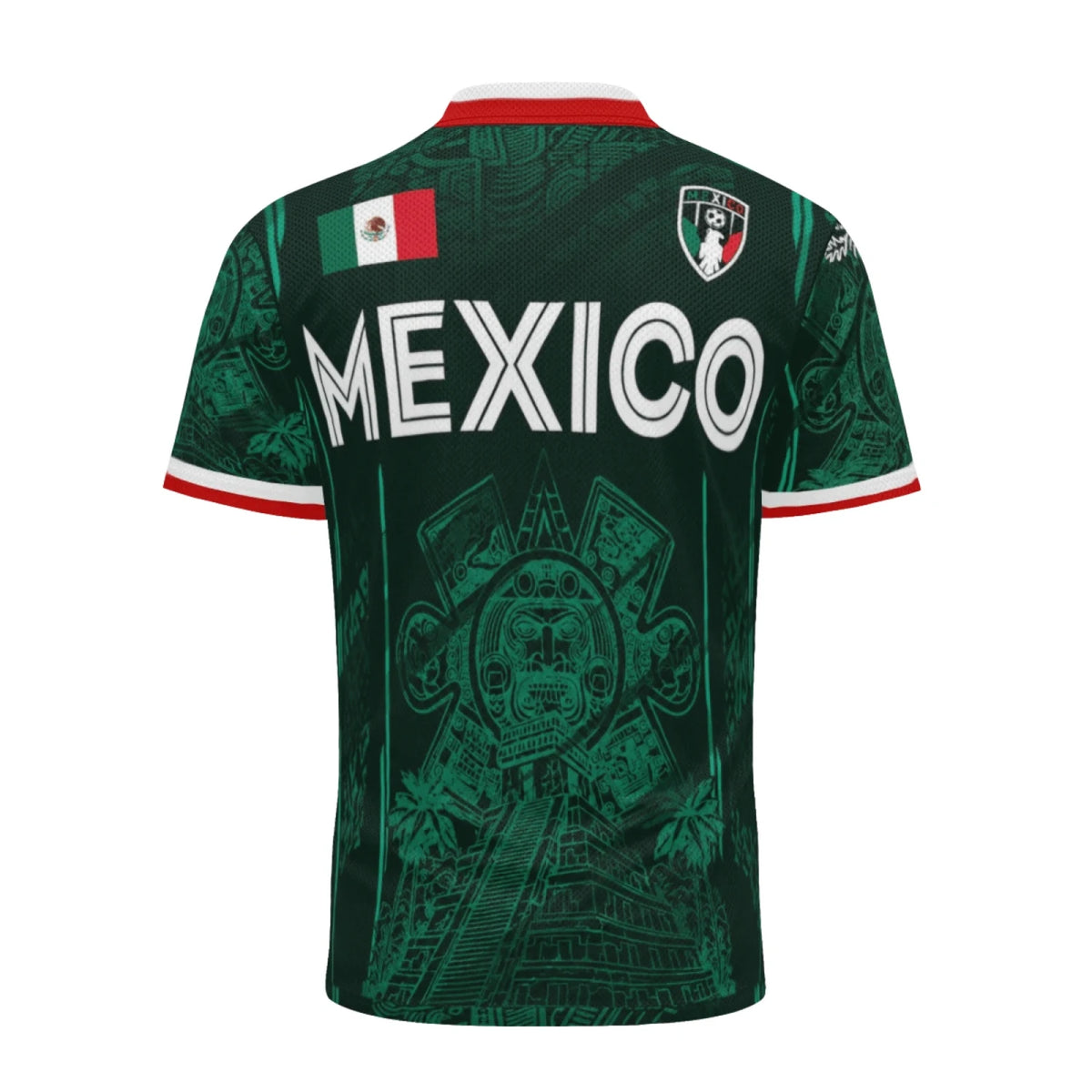 Dunkelgrünes Retro-Fußballtrikot der mexikanischen Nationalmannschaft mit Flaggenaufnäher und dem Schriftzug MEXICO