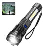 A tactical LED flashlight with a zoomable torch and USB charging cable is shown against a dark background.