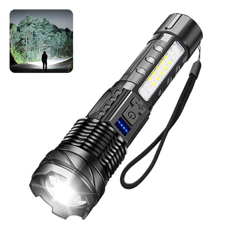 A tactical LED flashlight with a zoomable torch and USB charging cable is shown against a dark background.