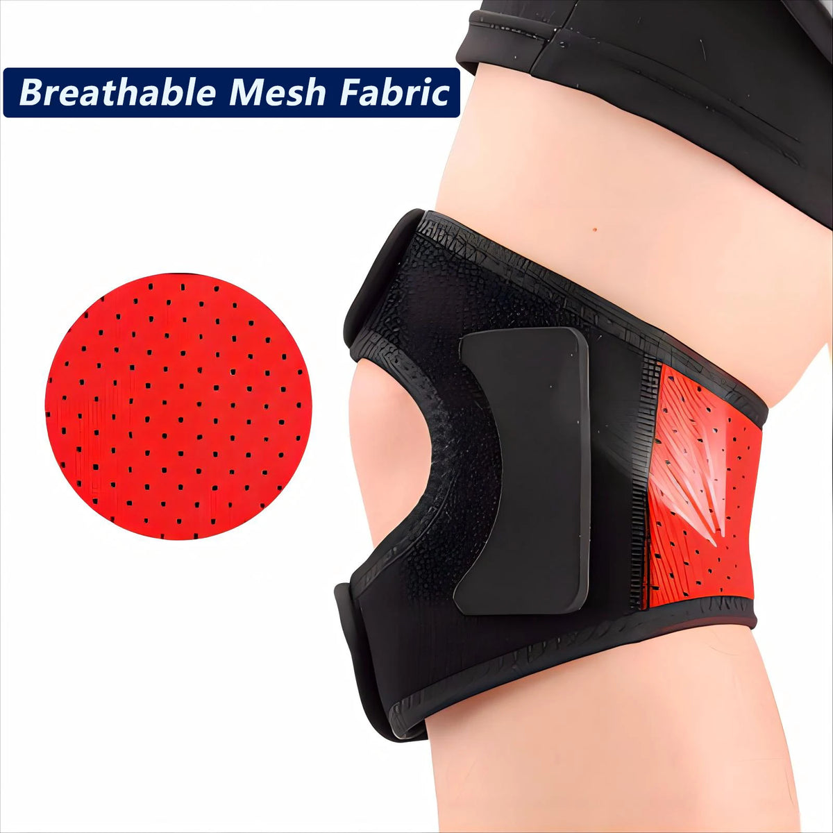 Black and red breathable mesh knee brace worn on a person's leg.