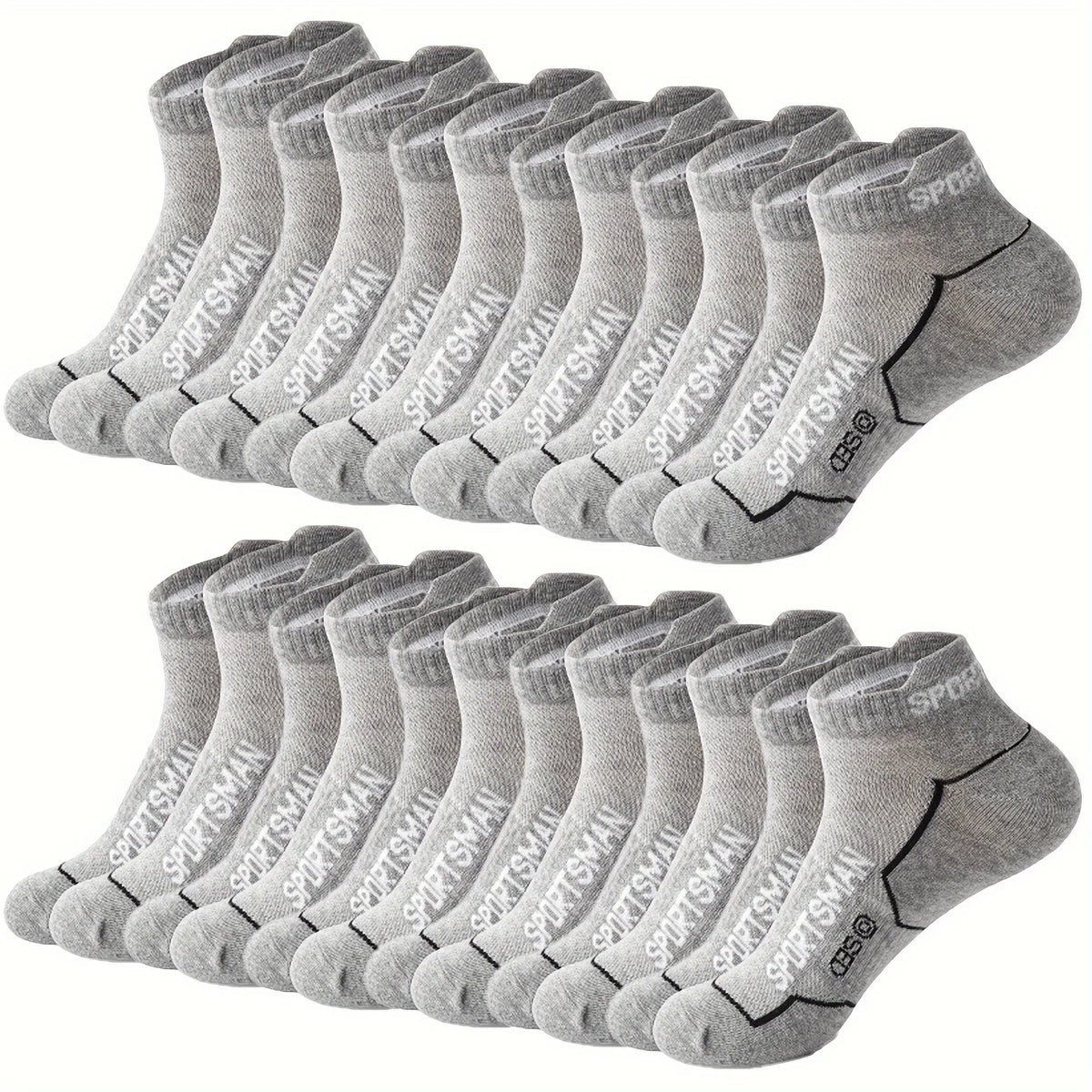 Un paquete de calcetines deportivos grises para hombre transpirables, mostrados en fila.