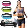A woman wearing a black sports bra and shorts demonstrates an adjustable sport waist bag for phones and essentials.