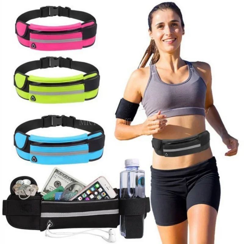 A woman wearing a black sports bra and shorts demonstrates an adjustable sport waist bag for phones and essentials.