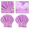 Purple fuzzy hair drying towel cap shown in close-up and full view.