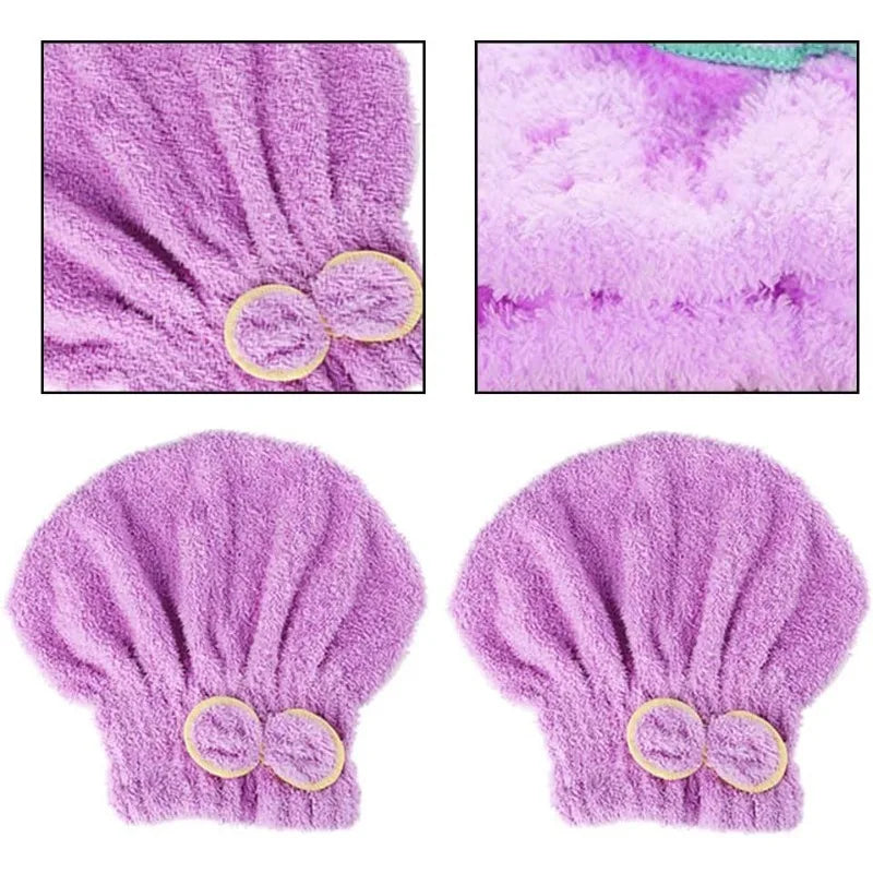 Purple fuzzy hair drying towel cap shown in close-up and full view.