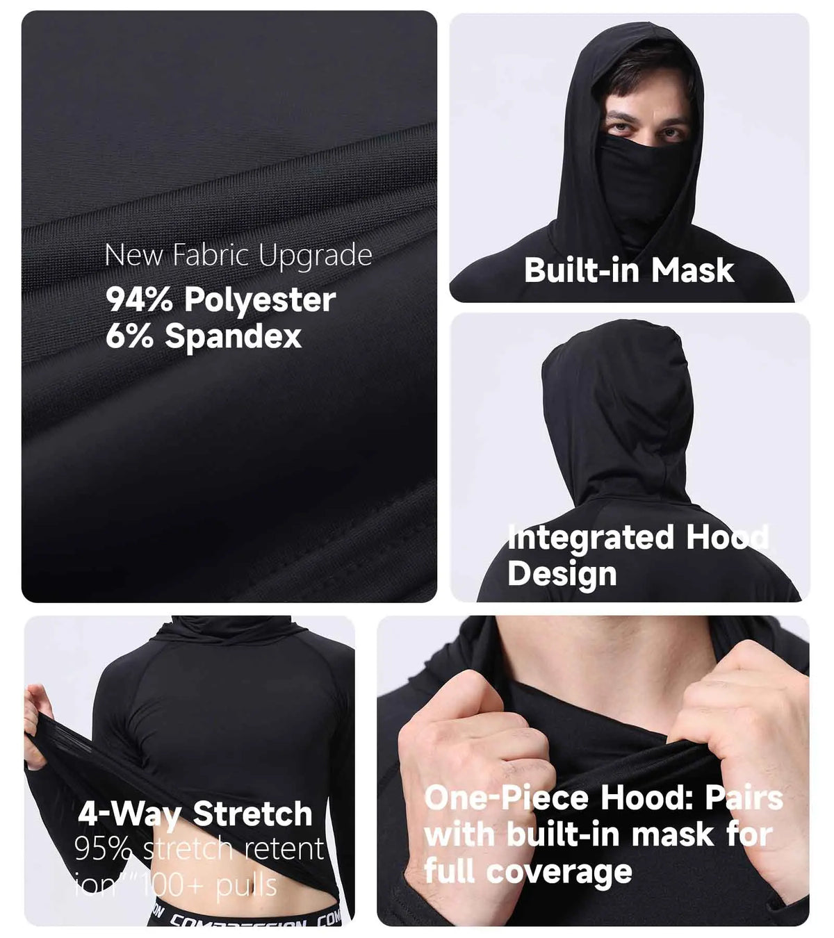 Black men's athletic fishing hoodie featuring a built-in mask and integrated hood design