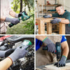 A mechanic wearing nitrile coated safety work gloves is working on an engine component.