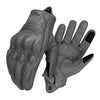 A pair of dark gray vintage leather motorcycle riding gloves shown flat.