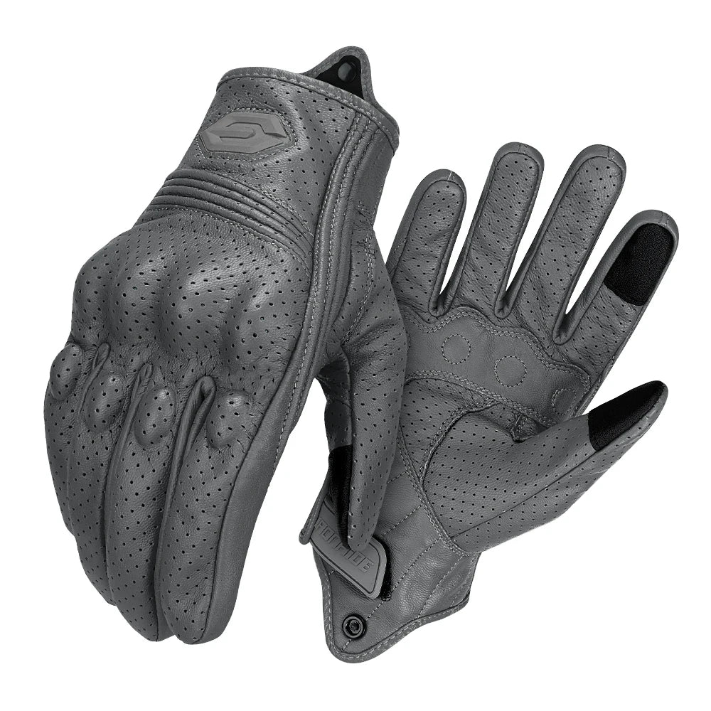 A pair of dark gray vintage leather motorcycle riding gloves shown flat.