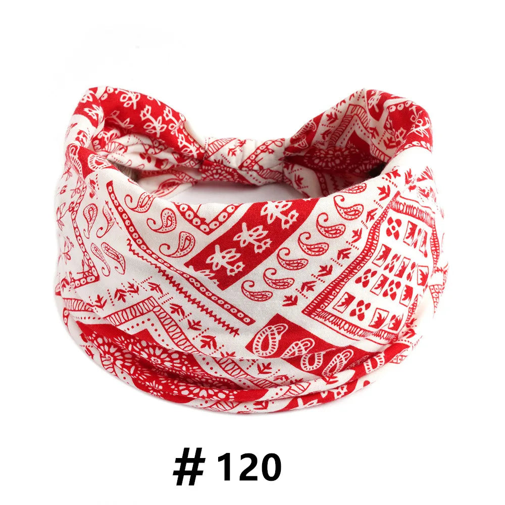 Red and white boho print cotton headbands for hair and workout