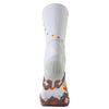 A pair of white athletic socks with orange patterned accents and a textured toe area.