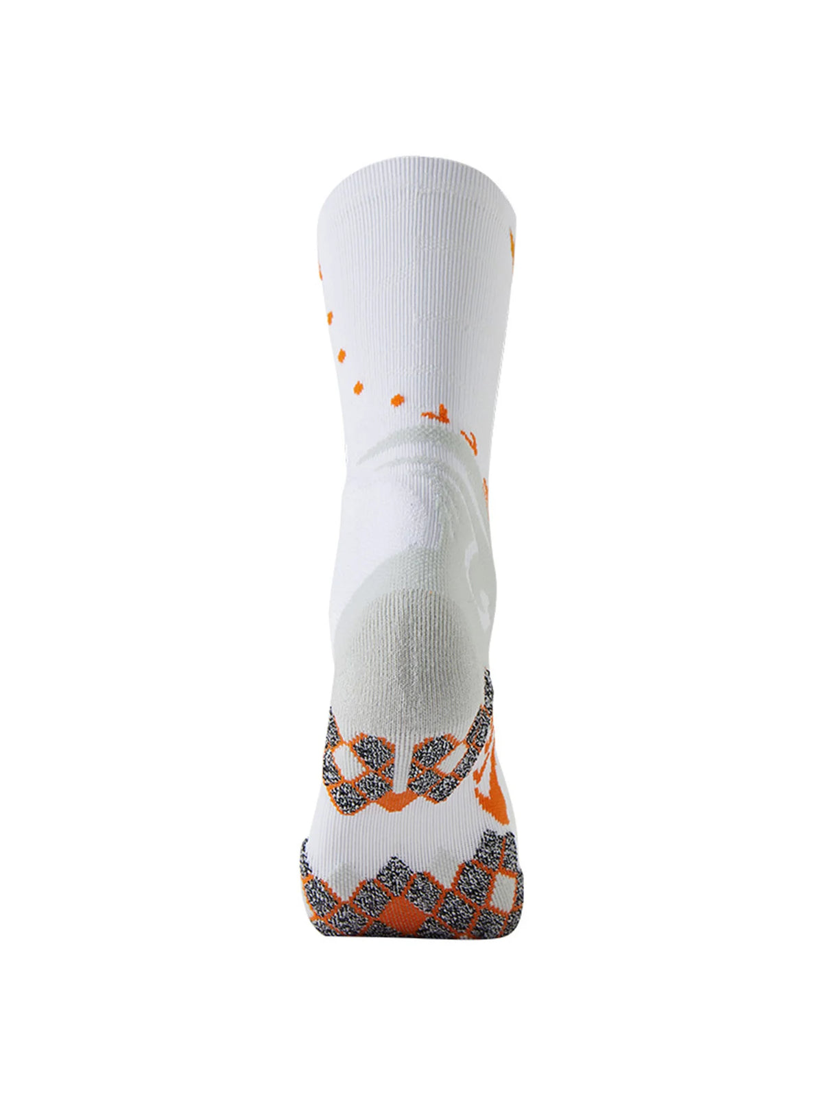 A pair of white athletic socks with orange patterned accents and a textured toe area.