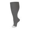 A close-up view of a gray compression sock worn on a leg.