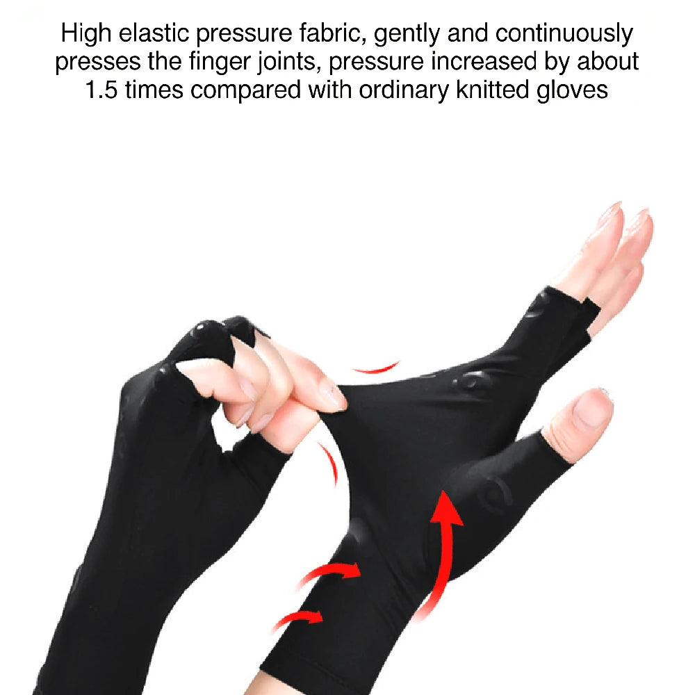 A hand wearing black fingerless compression gloves, demonstrating the elastic pressure on the finger joints.
