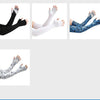 A collection of arm sleeves in black, white, and blue patterns for sun protection.