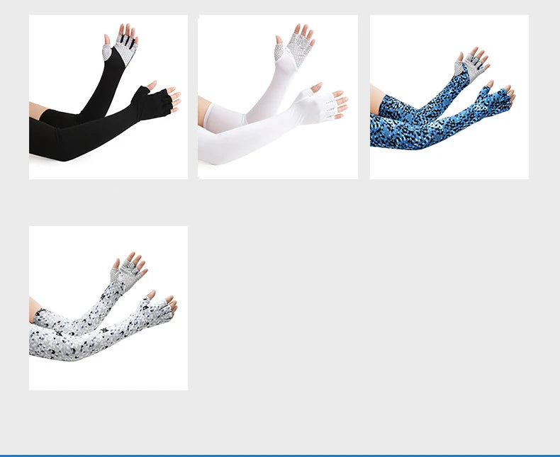 A collection of arm sleeves in black, white, and blue patterns for sun protection.