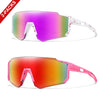 A pair of youth UV400 sunglasses with a square frame shown in two colors, purple and orange.