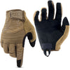 A pair of tactical touchscreen sports gloves in olive green and black leather for outdoor activities.