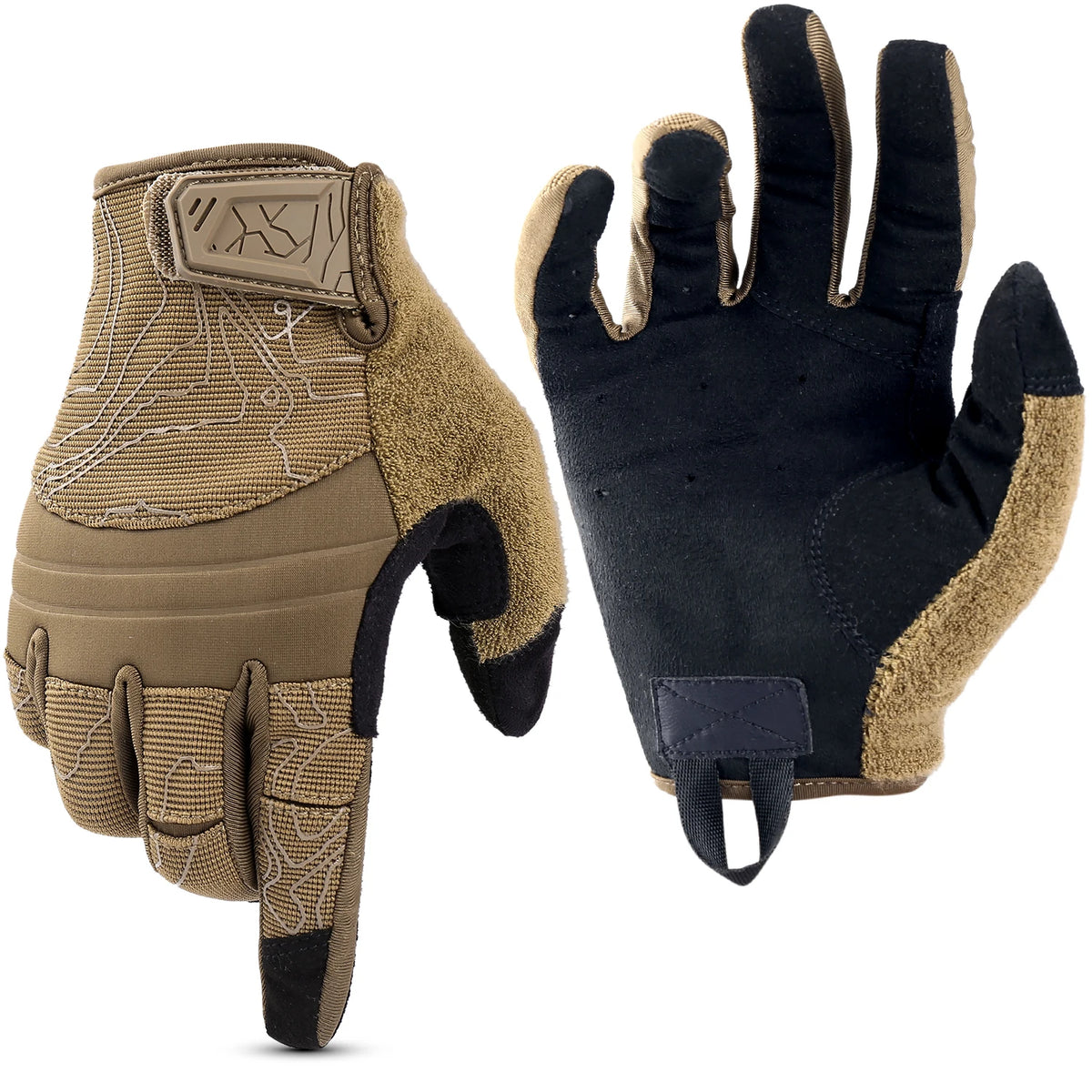 A pair of tactical touchscreen sports gloves in olive green and black leather for outdoor activities.