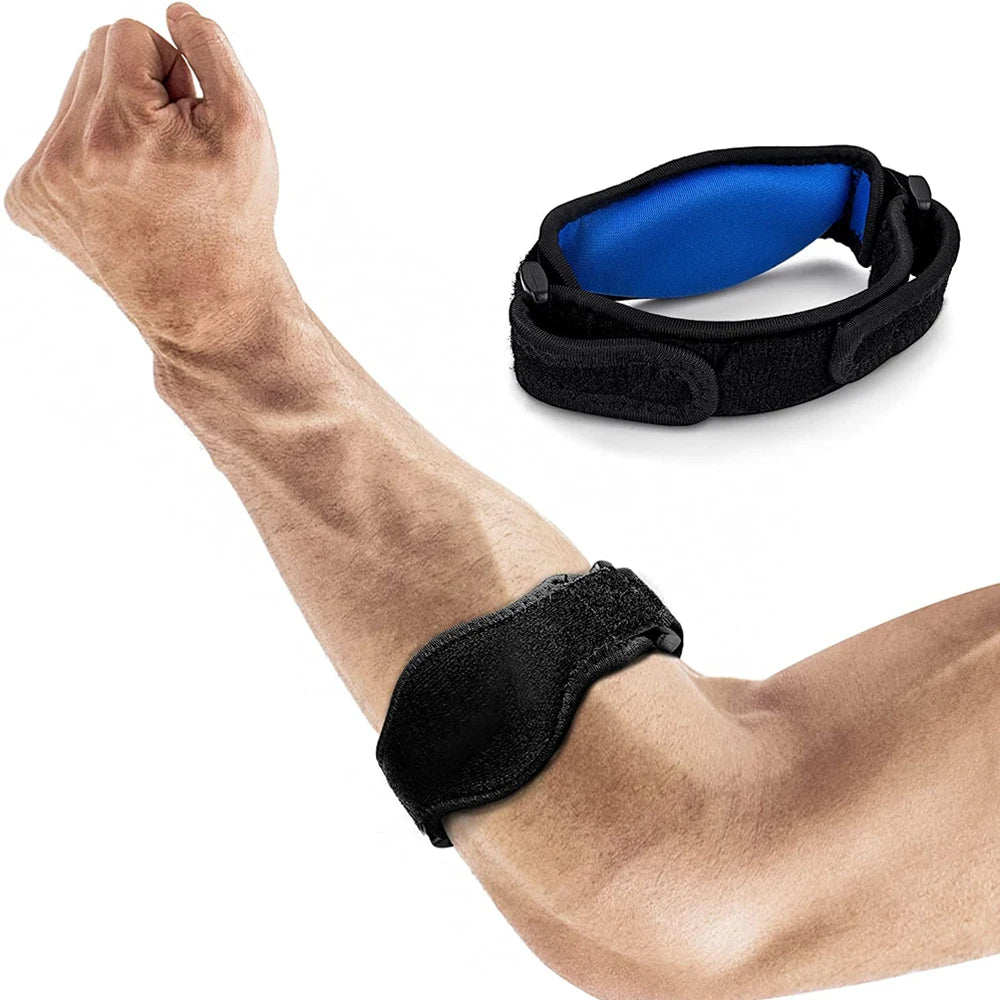 Black elbow support brace with a blue pad shown on an arm.