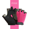 Pink fingerless gloves shown against a pink background.