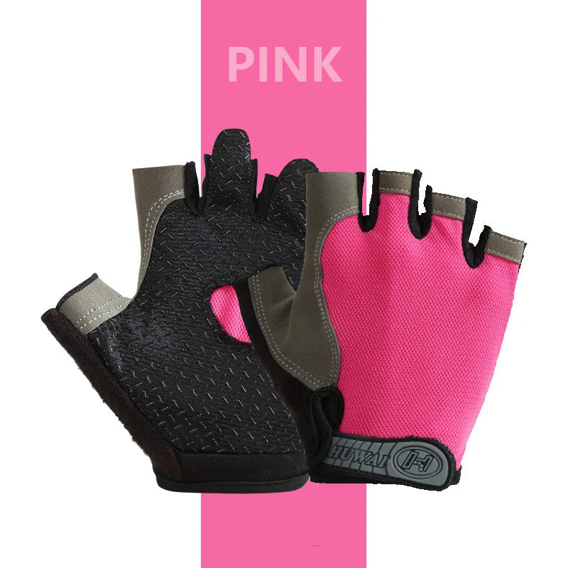 Pink fingerless gloves shown against a pink background.
