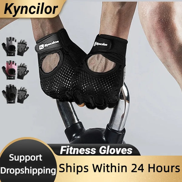 Black Kyncilor fitness gloves being worn on a hand and attached to a metal object.