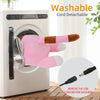 A pink soothing heating pad is shown being removed from a washing machine, with an USB cord visible.