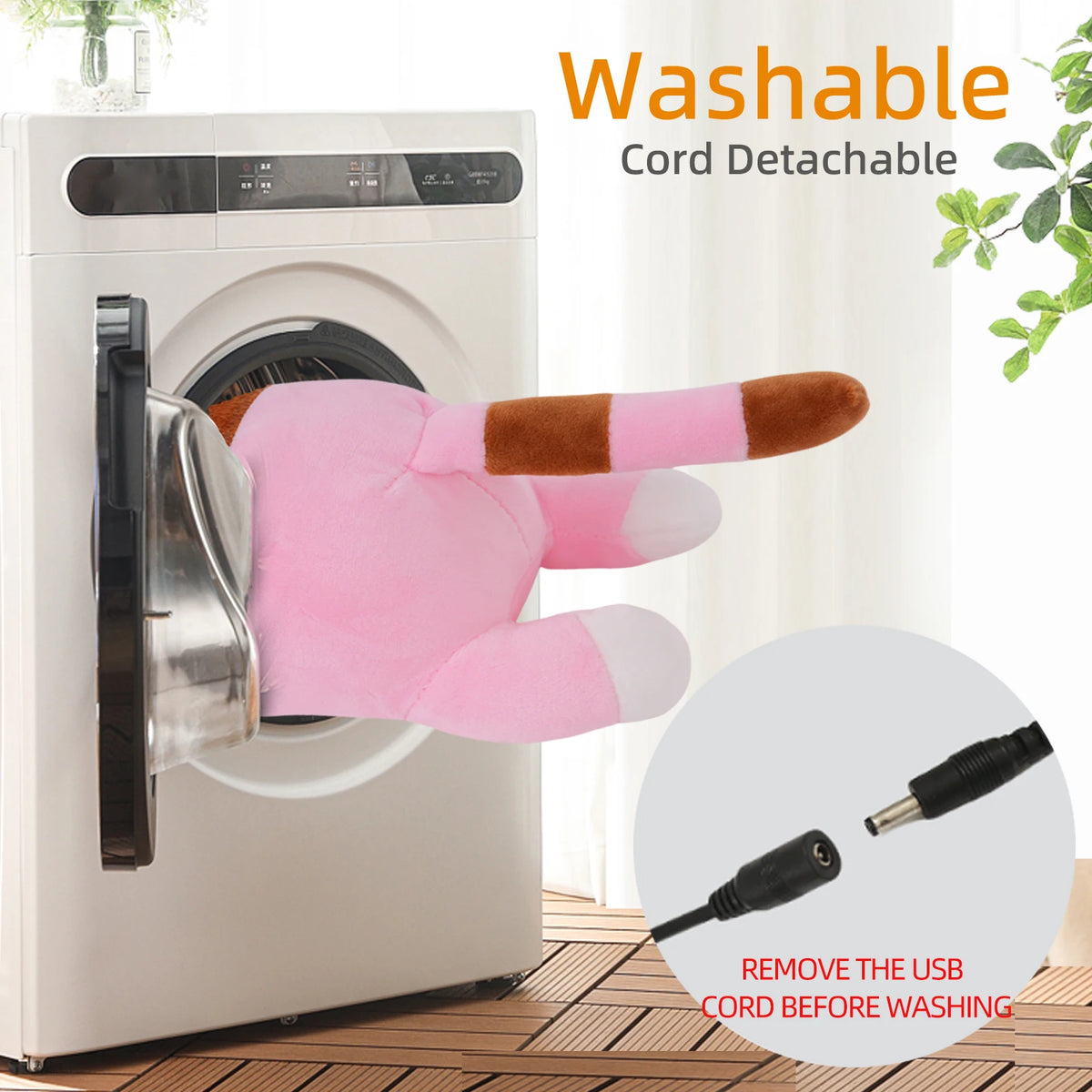 A pink soothing heating pad is shown being removed from a washing machine, with an USB cord visible.
