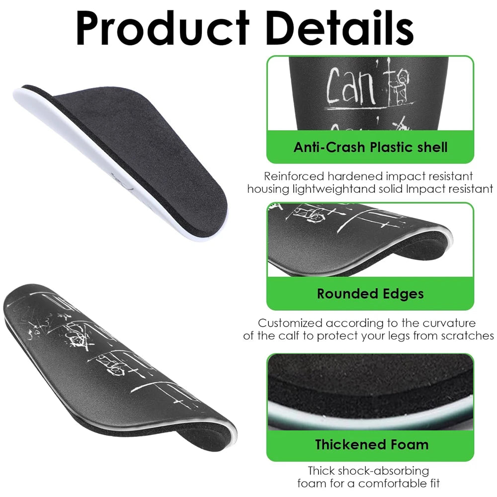 A set of black, padded shin guards with rounded edges and thickened foam for protection.