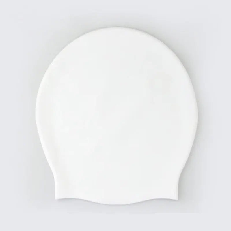 A smooth, white silicone swim cap designed for long hair.